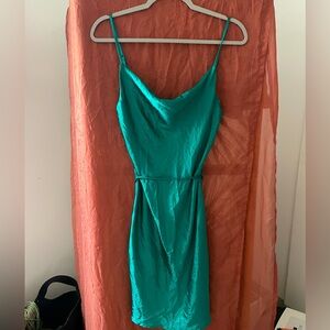 Teal cowl neck midi satin dress size small.